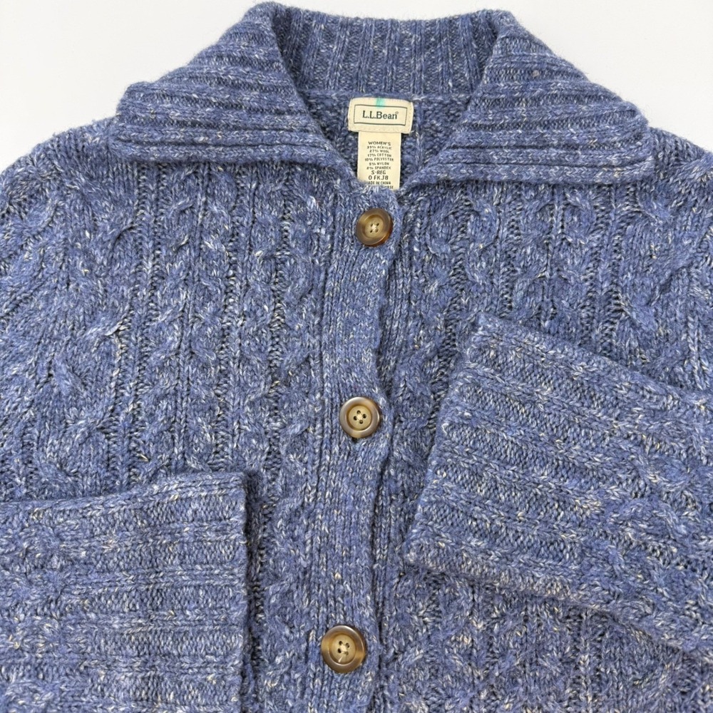 LL Bean Womens Small Reg Cable‎ Knit Wool Blend Cardigan Sweater Shawl Collar